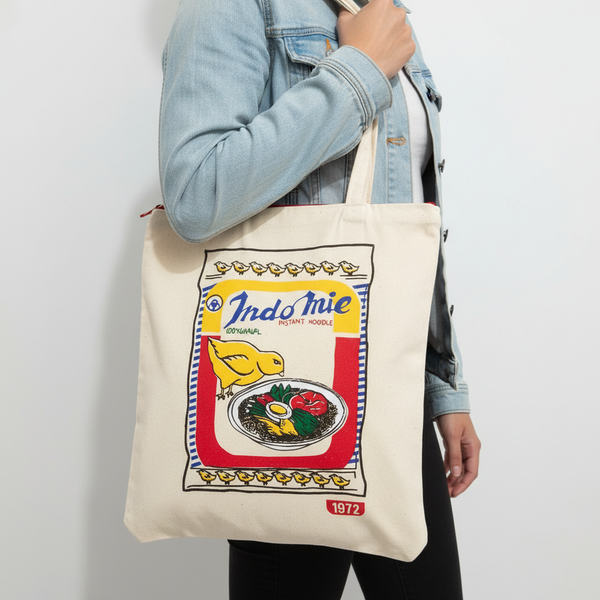 Indomie tote bag close-up on model